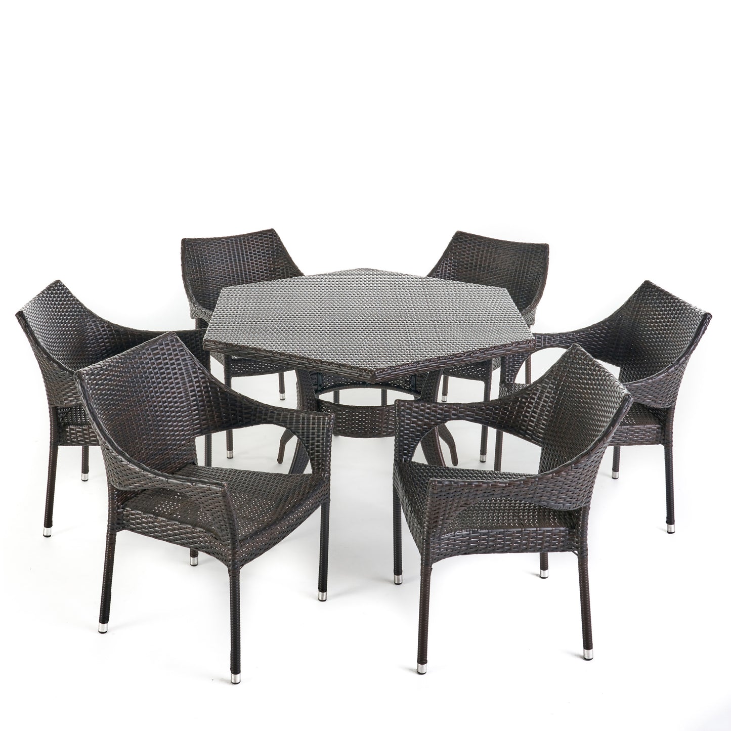 Rosy Outdoor 7 Piece Wicker Hexagon Dining Set with Stacking Chairs