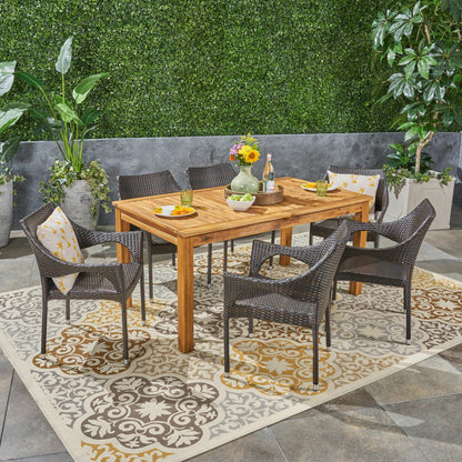 Kelly Outdoor Wood and Wicker Expandable Dining Set