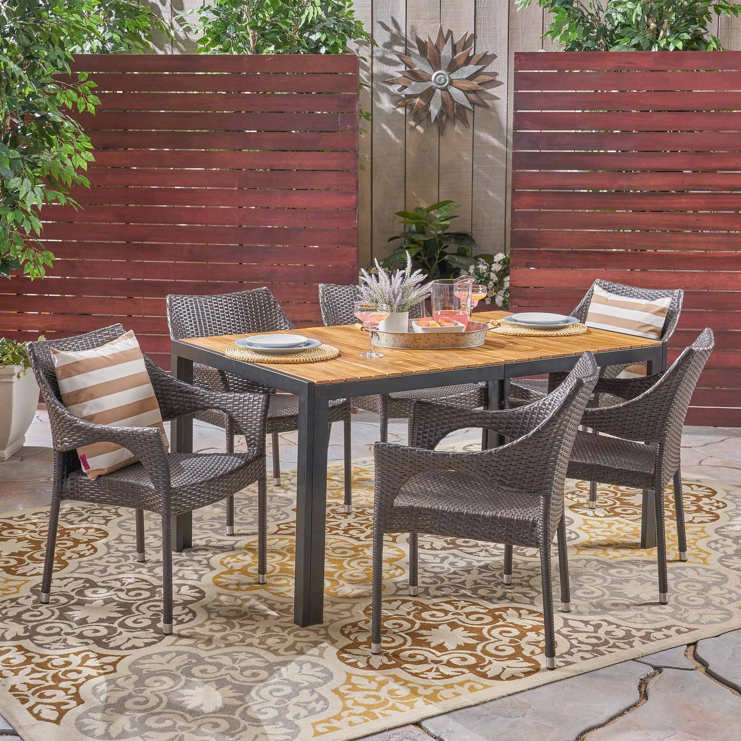 Hermosa Outdoor 6-Seater Rectangular Acacia Wood and Wicker Dining Set, Teak with Black and Multi Brown