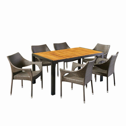Hermosa Outdoor 6-Seater Rectangular Acacia Wood and Wicker Dining Set, Teak with Black and Multi Brown