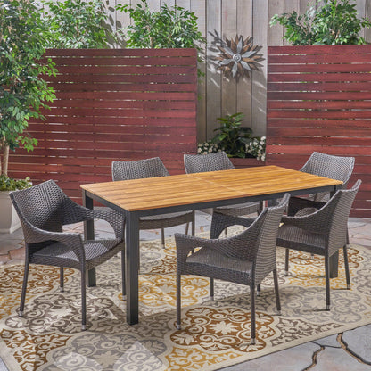 Amberlynn Outdoor 7 Piece Acacia Wood Dining Set with Stacking Wicker Chairs, Teak and Multi Brown