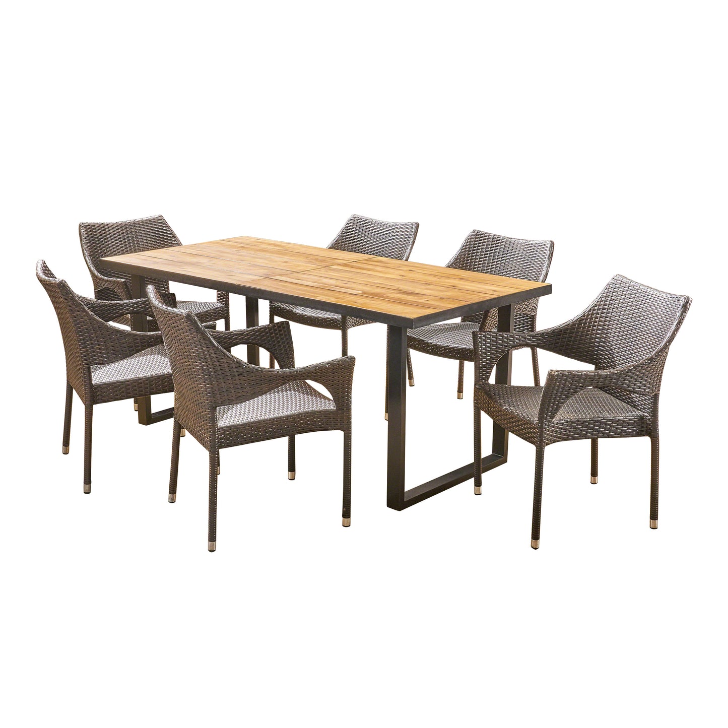 Indira Outdoor 6-Seater Rectangular Acacia Wood and Wicker Dining Set, Teak with Black and Multi Brown