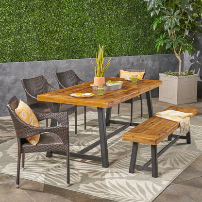 Barron Outdoor 6 Piece Dining Set with Wicker Chairs and Bench, Sandblast Teak and Multi Brown and Cream