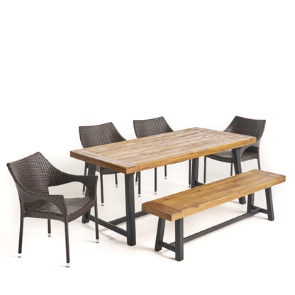 Barron Outdoor 6 Piece Dining Set with Wicker Chairs and Bench, Sandblast Teak and Multi Brown and Cream