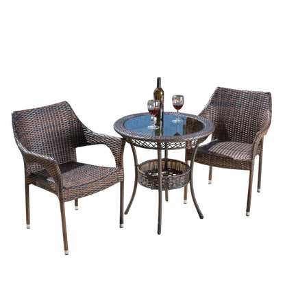 Dana Outdoor 3-Piece Multi-Brown Wicker Bistro Set with Tempered Glass Top