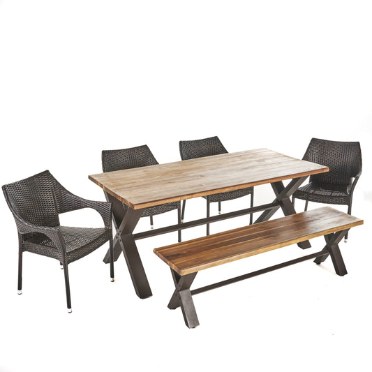 Lakeside Outdoor 6 Piece Acacia Wood Dining Set with Wicker Stacking Chairs