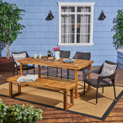 Cason Outdoor 6-Seater Wood and Wicker Chair and Bench Dining Set
