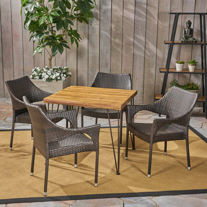Northside Outdoor Farmhouse Wood and Wicker 5 Piece Square Dining Set, Teak and Multi Brown