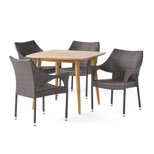 Nash Outdoor 5 Piece Wood and Wicker Dining Set, Teak and Multi Brown