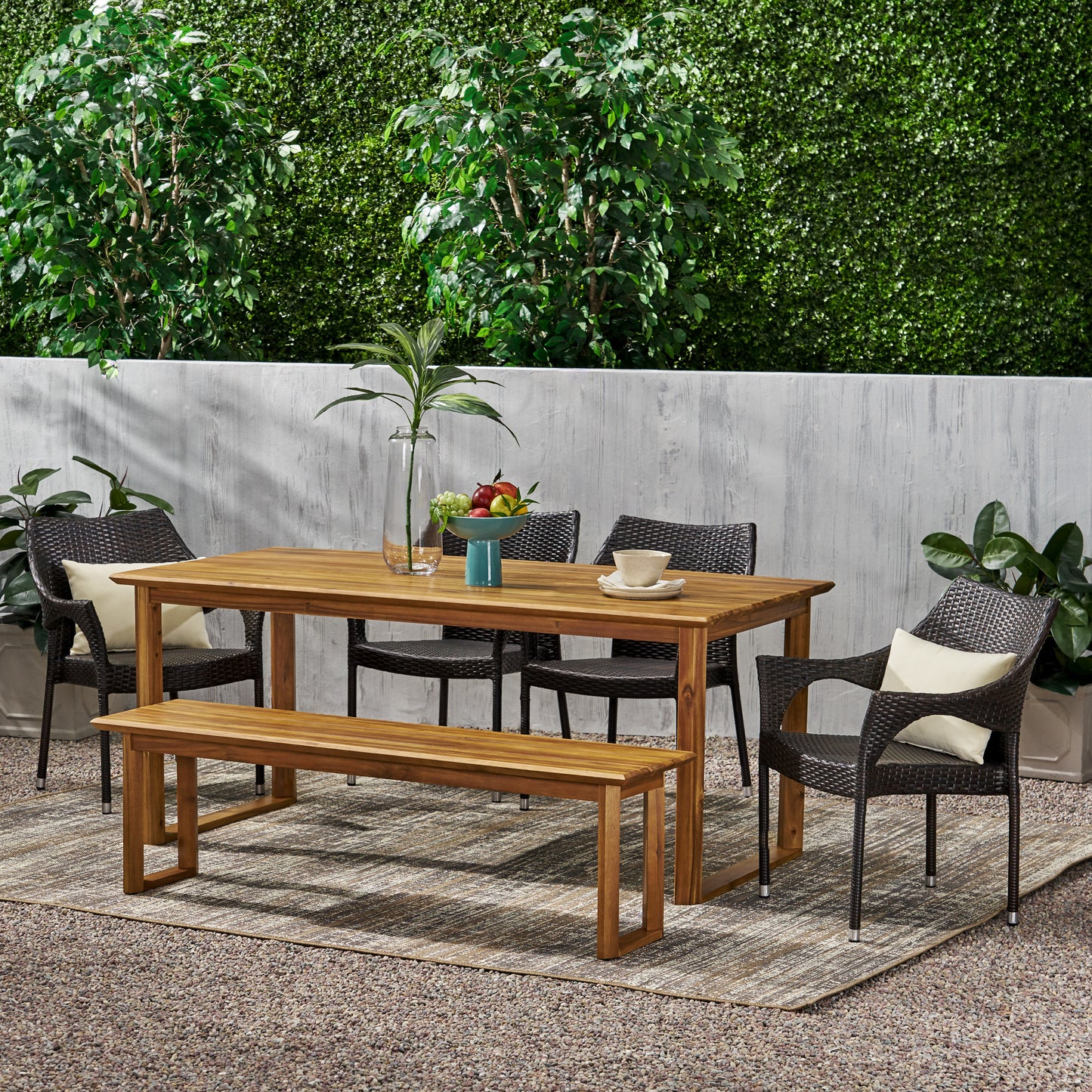 Ellendale Outdoor Acacia Wood and Wicker 6 Piece Dining Set with Bench