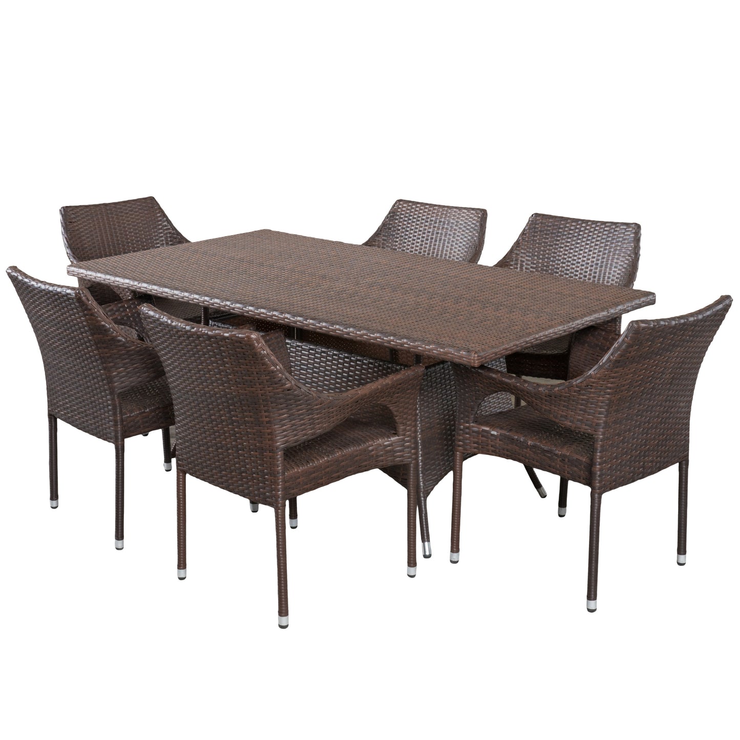 Clayton Outdoor 7 Piece Multi-Brown Wicker Dining Set with Metal Tipped Legs