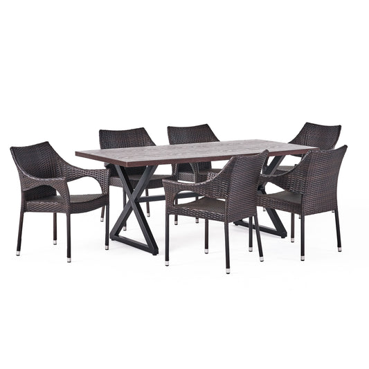 Graywood Outdoor 7 Piece Wicker Dining Set with Rectangular Aluminum Table