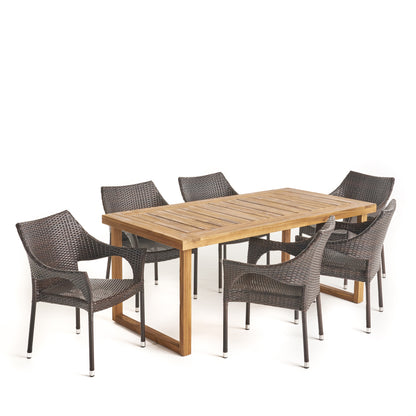 Cason Outdoor 7 Piece Acacia Wood Dining Set with Stacking Wicker Chairs, Sandblast Natural and Multi Brown