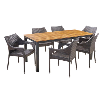 Amberlynn Outdoor 7 Piece Acacia Wood Dining Set with Stacking Wicker Chairs, Teak and Multi Brown