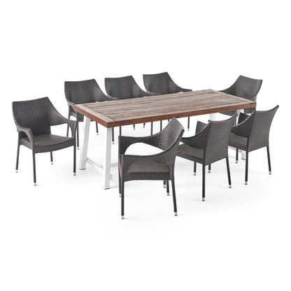 Emmalynn Outdoor Wood and Wicker 8 Seater Dining Set