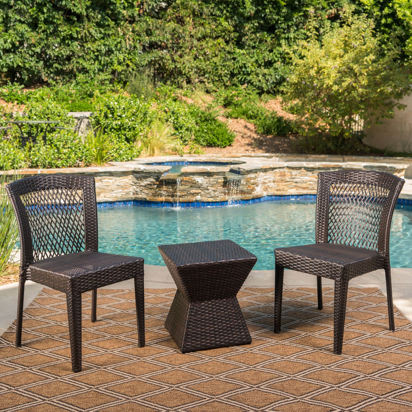 Malsborough Outdoor 3 Piece Multi-Brown Wicker Chat Set with Stacking Chairs