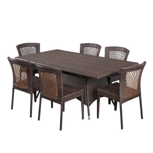 Perry Outdoor 7-Piece Multi-Brown Wicker Dining Set with Umbrella Hole