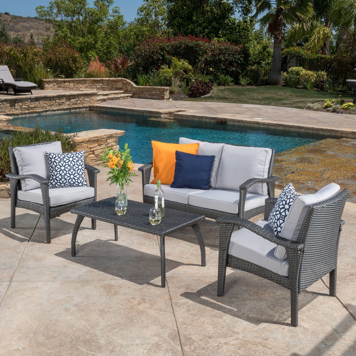 Voyage Outdoor 4 Piece Gray Wicker Chat Set with Cushions – GDFStudio
