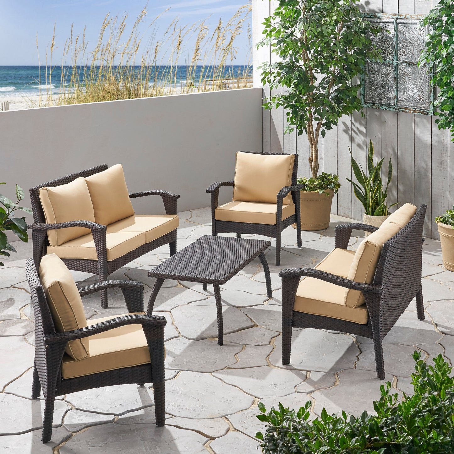 Voyage Outdoor 6 Seater Wicker Chat Set with Cushions