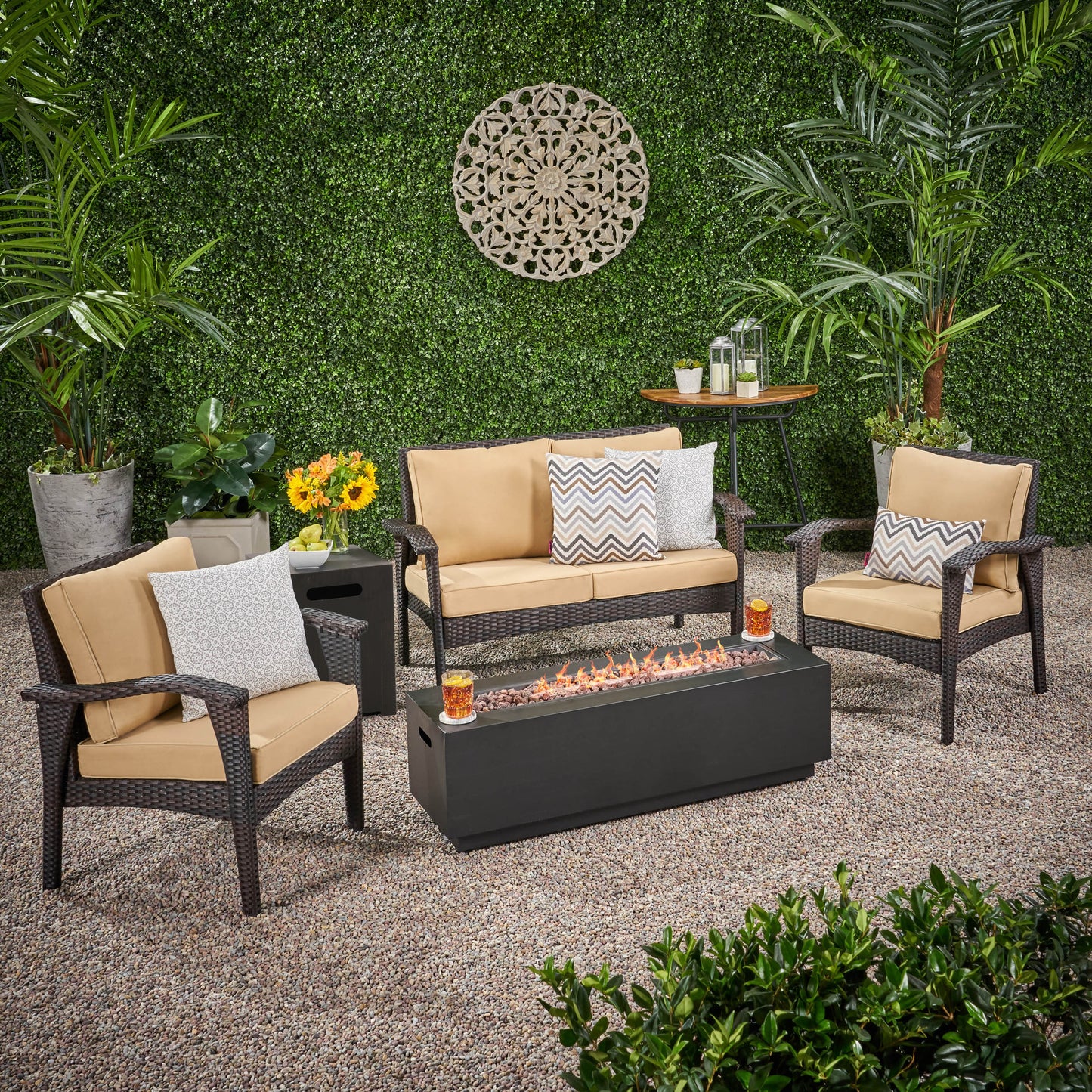 Azariyah Outdoor 4 Seater Wicker Chat Set with Fire Pit