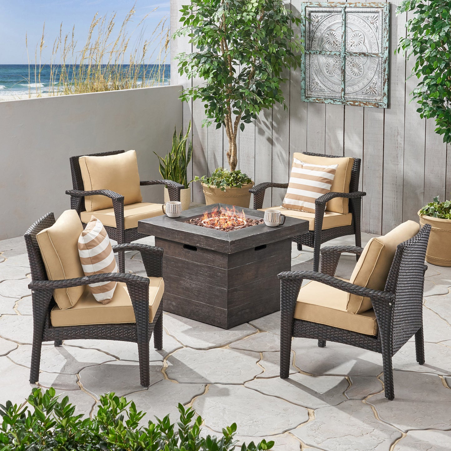 Mahala Outdoor 4 Club Chair Chat Set with Fire Pit