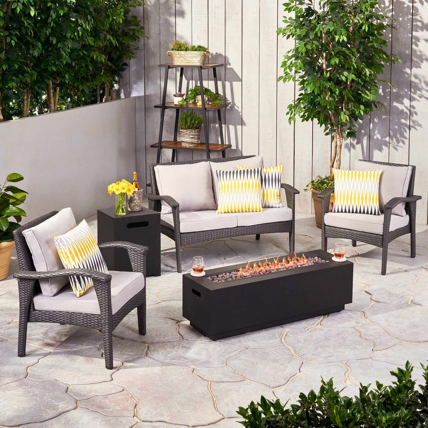Kinnick Outdoor 4 Seater Wicker Chat Set with Fire Pit