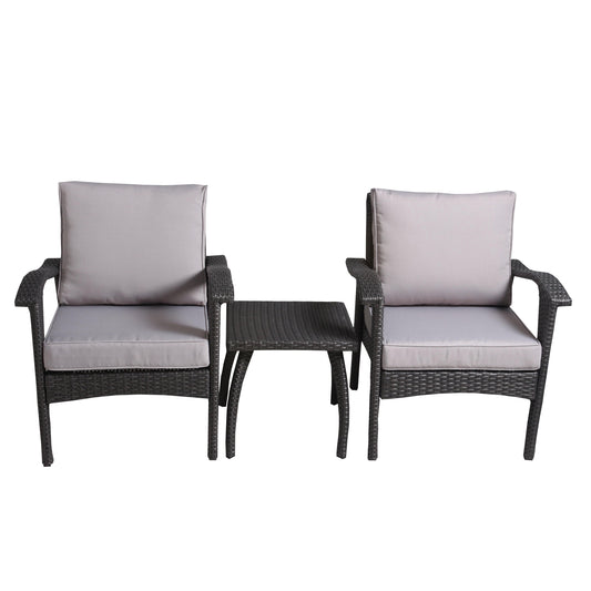 Outdoor 3-Piece Gray Wicker Chat Set with Silver Cushions