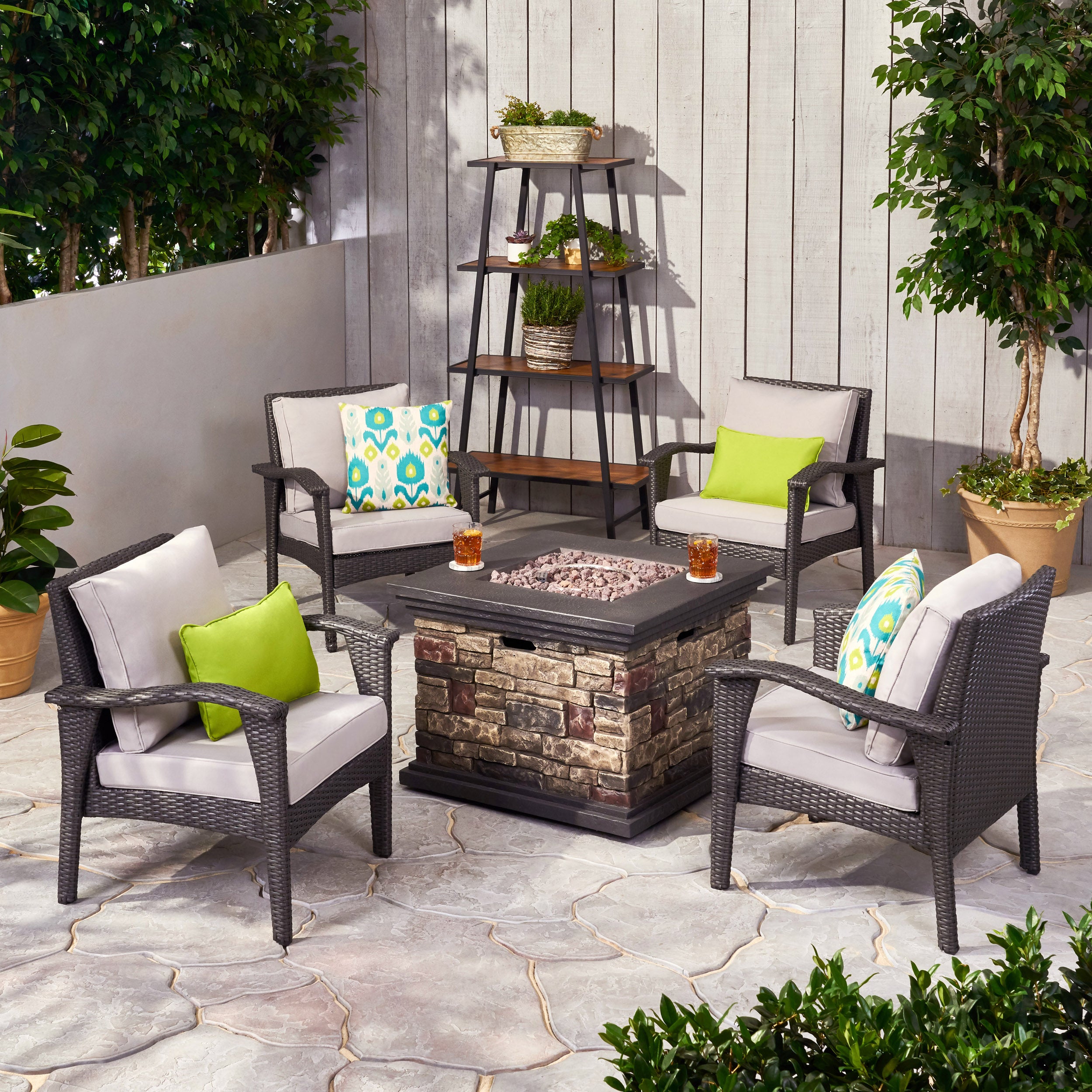 Modesty Outdoor 4 Club Chair Chat Set with Fire Pit GDFStudio