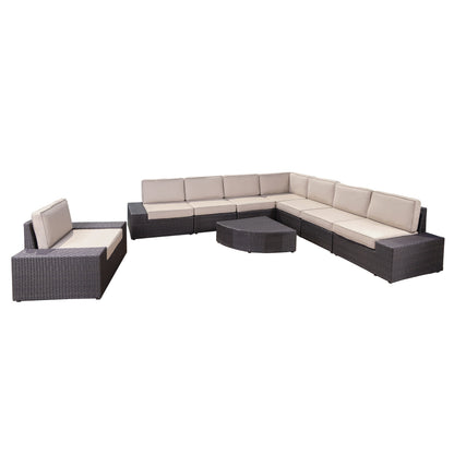 Reddington Outdoor 9 Piece Wicker Sectional with Beige Water Resistant Cushions