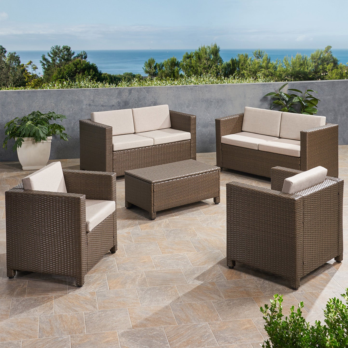 Venice 6-Seater Outdoor Brown PE Wicker Sofa Set with Coffee Table