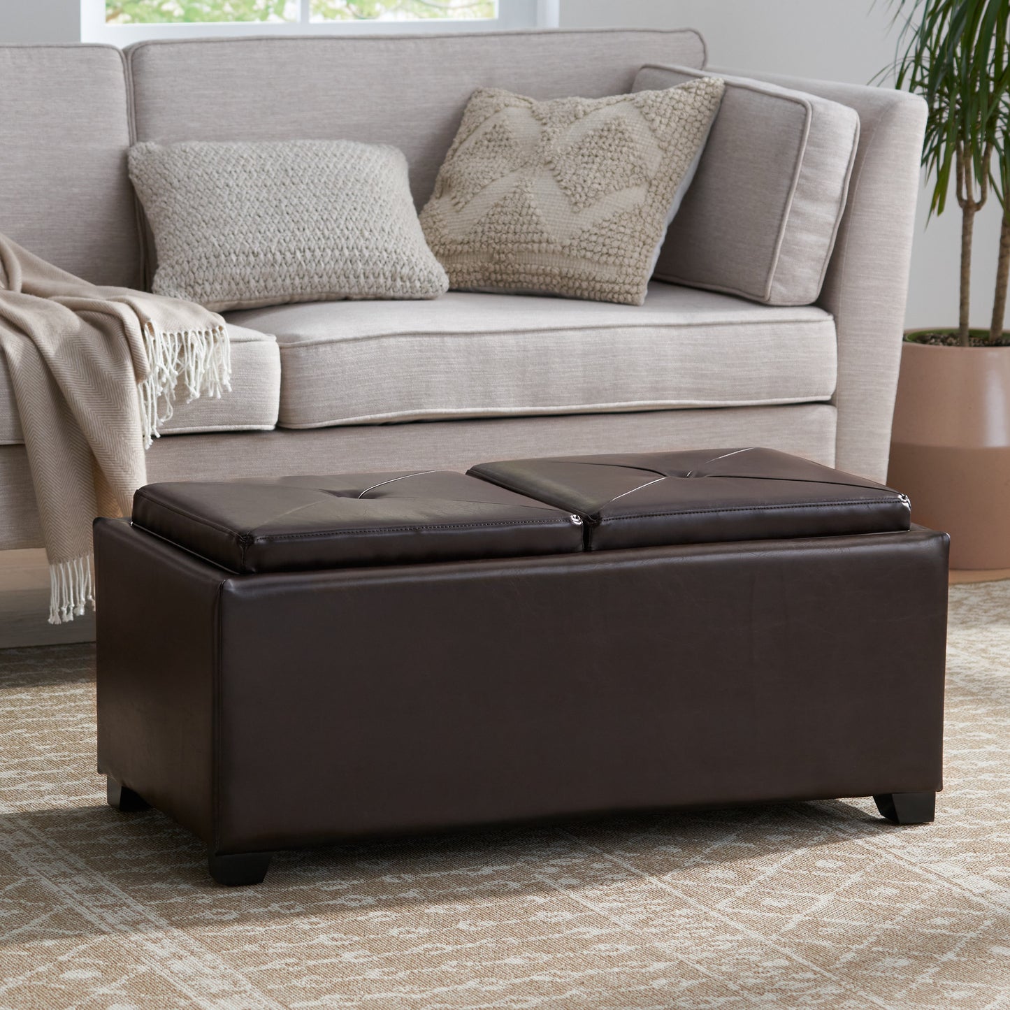 Contemporary Rectangular Storage Ottoman Leather 2-Tray-Top Coffee Table