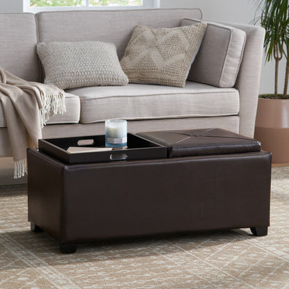 Contemporary Rectangular Storage Ottoman Leather 2-Tray-Top Coffee Table