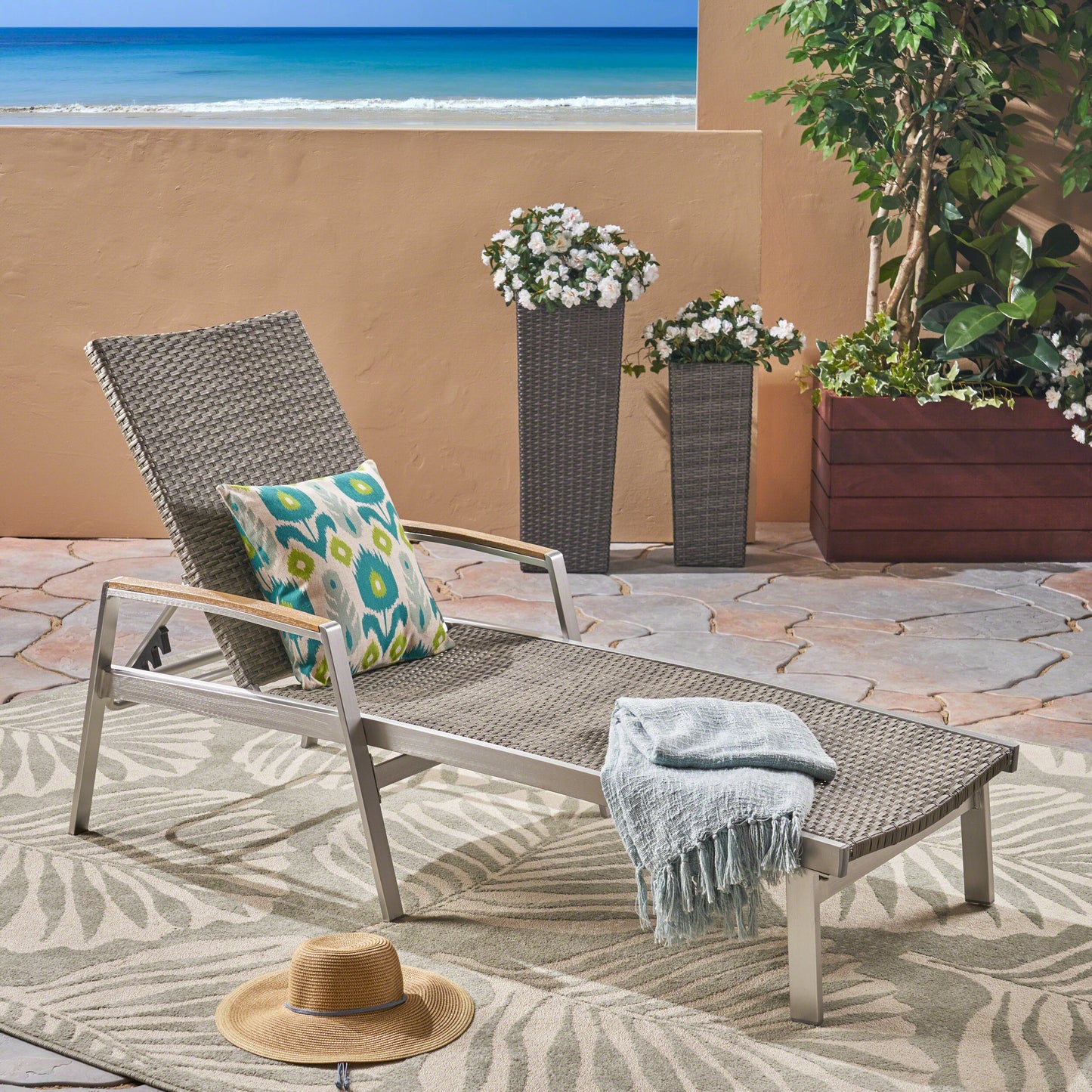 Joy Outdoor Wicker and Aluminum Chaise Lounge, Gray Finish