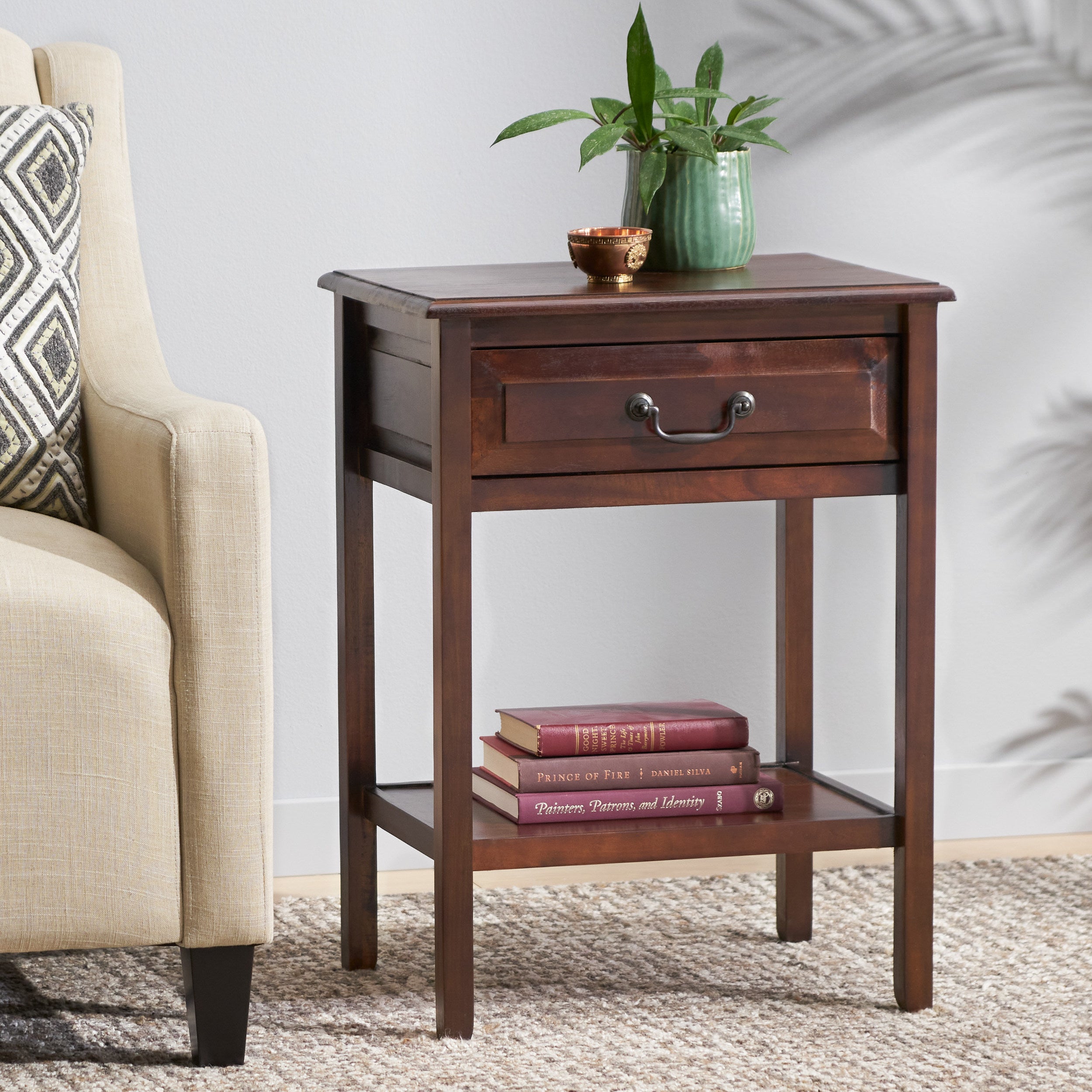 Noah Traditional Brown Mahogany Acacia Wood Accent Table with Top Draw ...