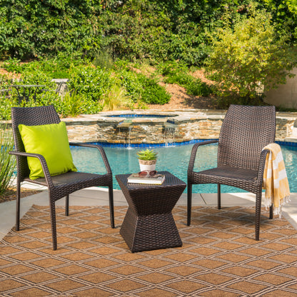 Ralsey Outdoor 3 Piece Multi-Brown Wicker Chat Set with Stacking Chairs