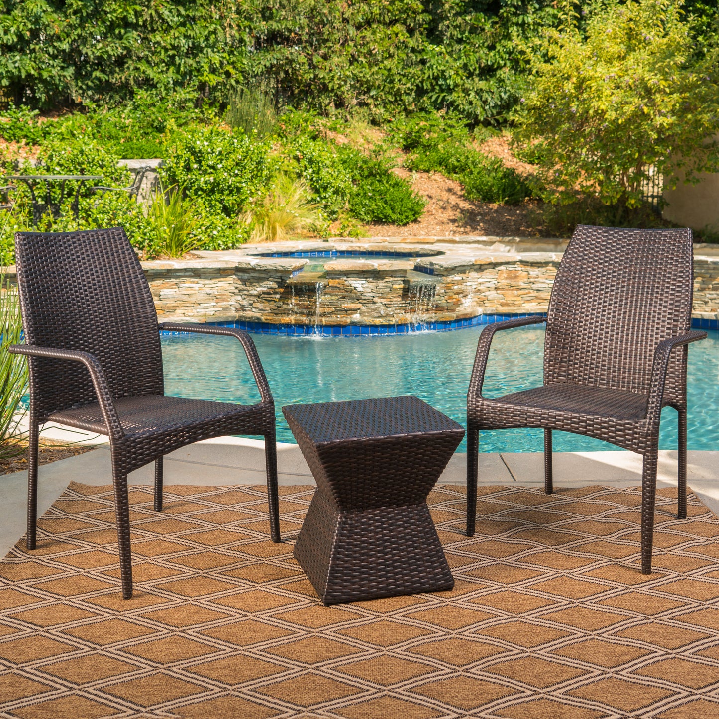 Ralsey Outdoor 3 Piece Multi-Brown Wicker Chat Set with Stacking Chairs