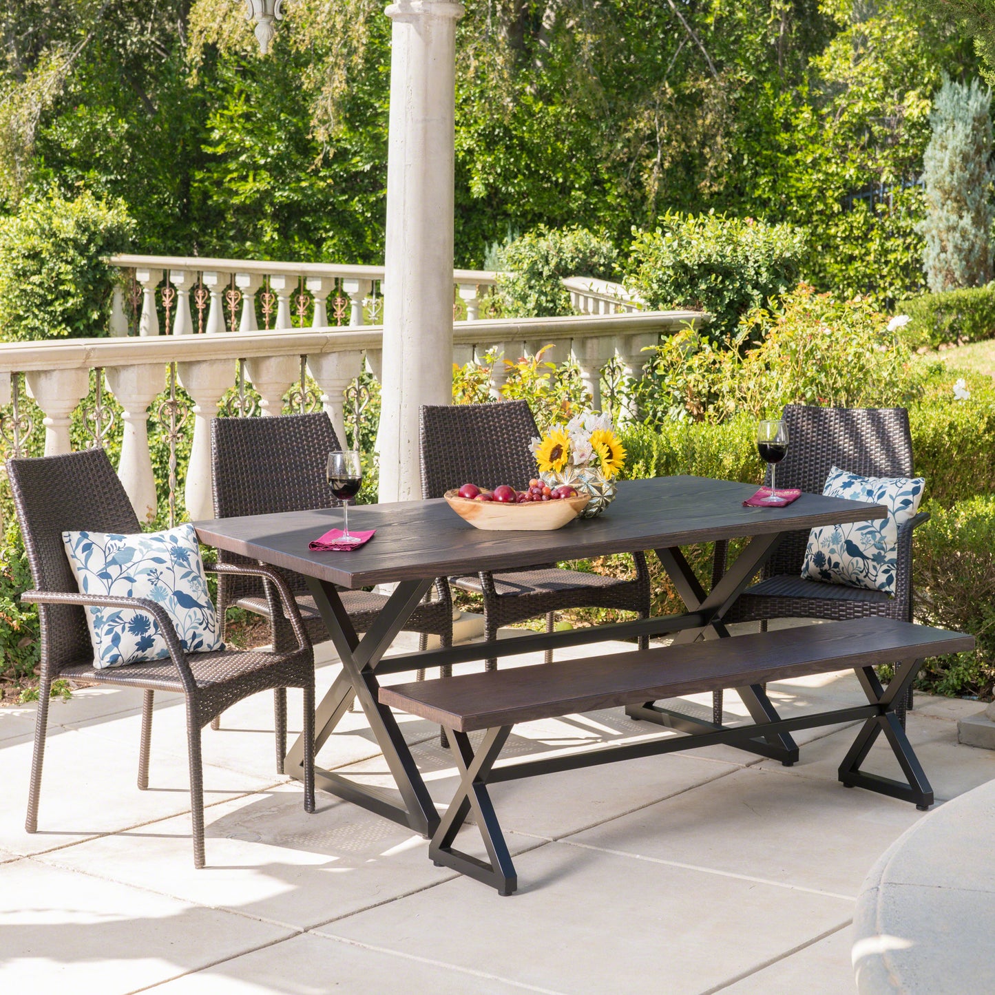 Cassandra Outdoor 6 Piece Brown Aluminum Dining Set with Bench and Wicker Chairs