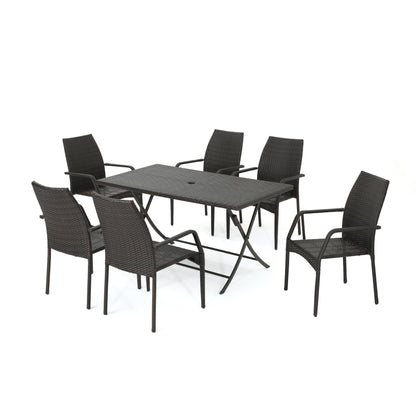 Arya Outdoor 7 Piece Multi-brown Wicker Dining Set with Foldable Table and Stack