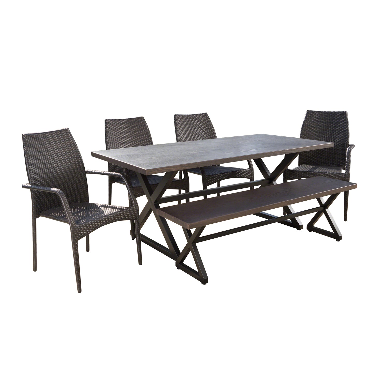Cassandra Outdoor 6 Piece Brown Aluminum Dining Set with Bench and Wicker Chairs