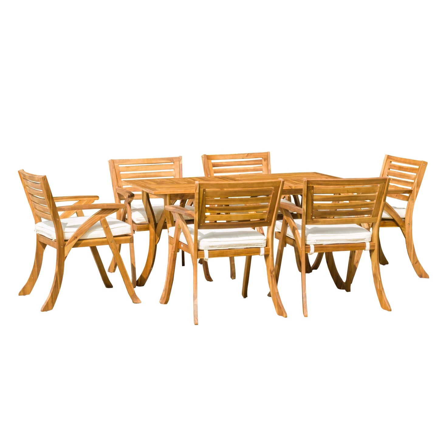 Coastside Outdoor Transitional 7-Piece Teak Acacia Wood Dining Set with Cushions
