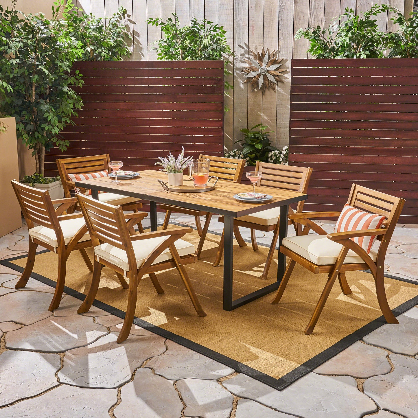 Daisy Outdoor 6-Seater Rectangular Acacia Wood and Iron Dining Set, Teak with Black and Cream