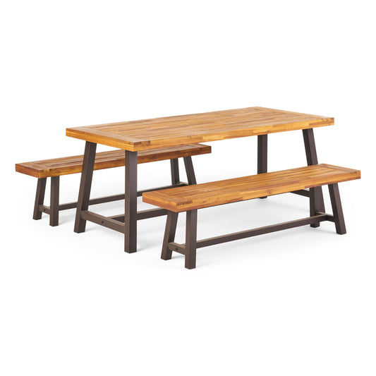 Bowman Outdoor Modern Industrial 3 Piece Acacia Wood Picnic Dining Set with Benches, Sandblasted Teak