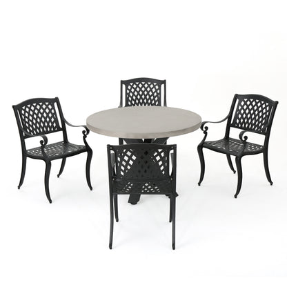 Carina Outdoor Transitional 5 Piece Cast Aluminum Dining Set with Lightweight Concrete Table