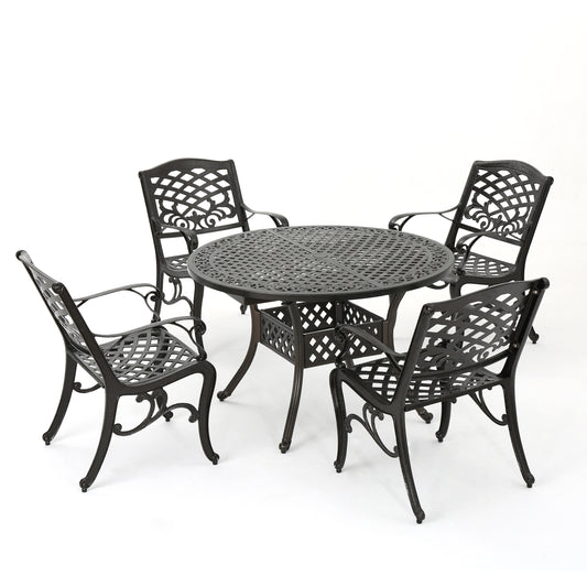 Clarisse Outdoor 5 Piece Hammered Bronze Finished Aluminum Dining Set with Expandable Table