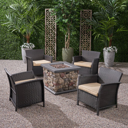 Laiah Outdoor 4 Piece Wicker Club Chair Chat Set with Stone Finished Fire Pit