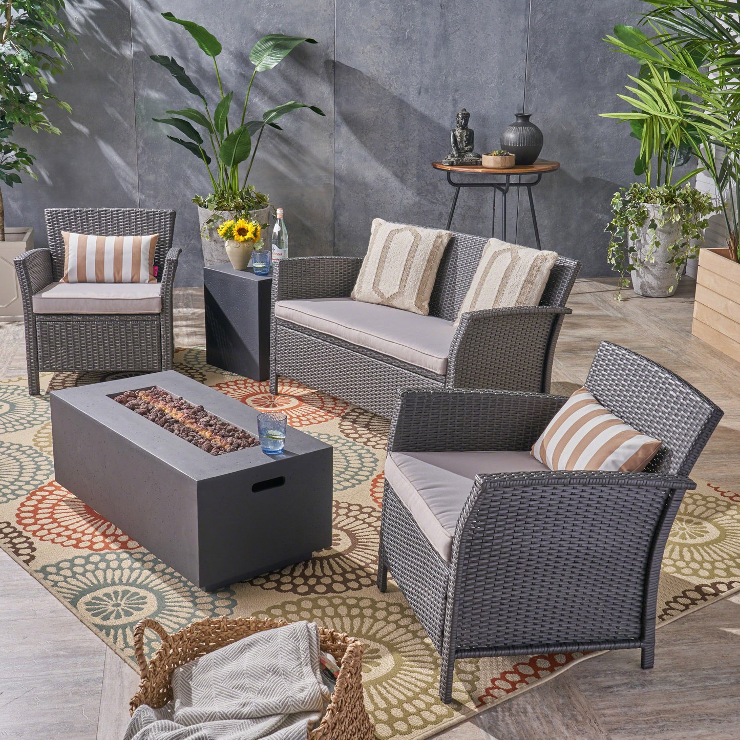 Laiah Outdoor 4 Seater Wicker Chat Set with Fire Pit