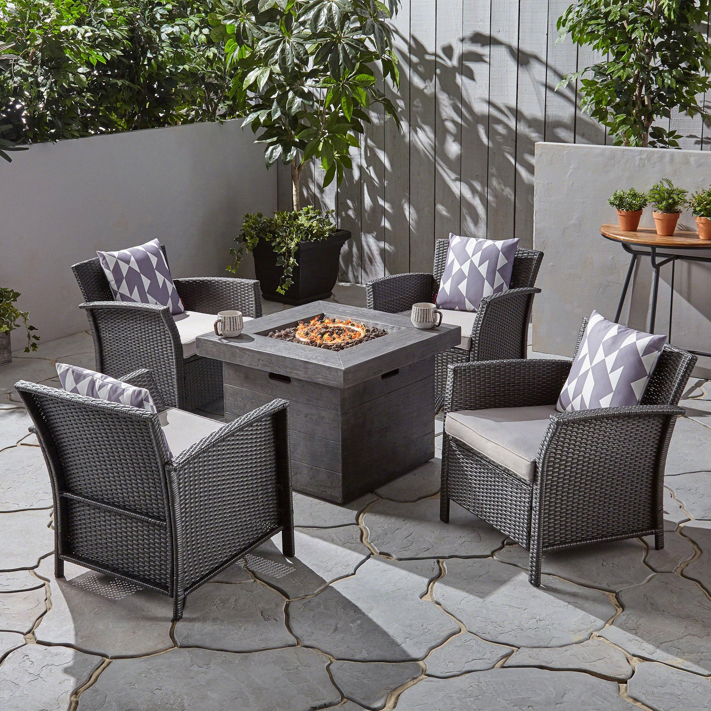 Laiah Outdoor 4 Piece Wicker Club Chair Chat Set with Wood Finished Fire Pit