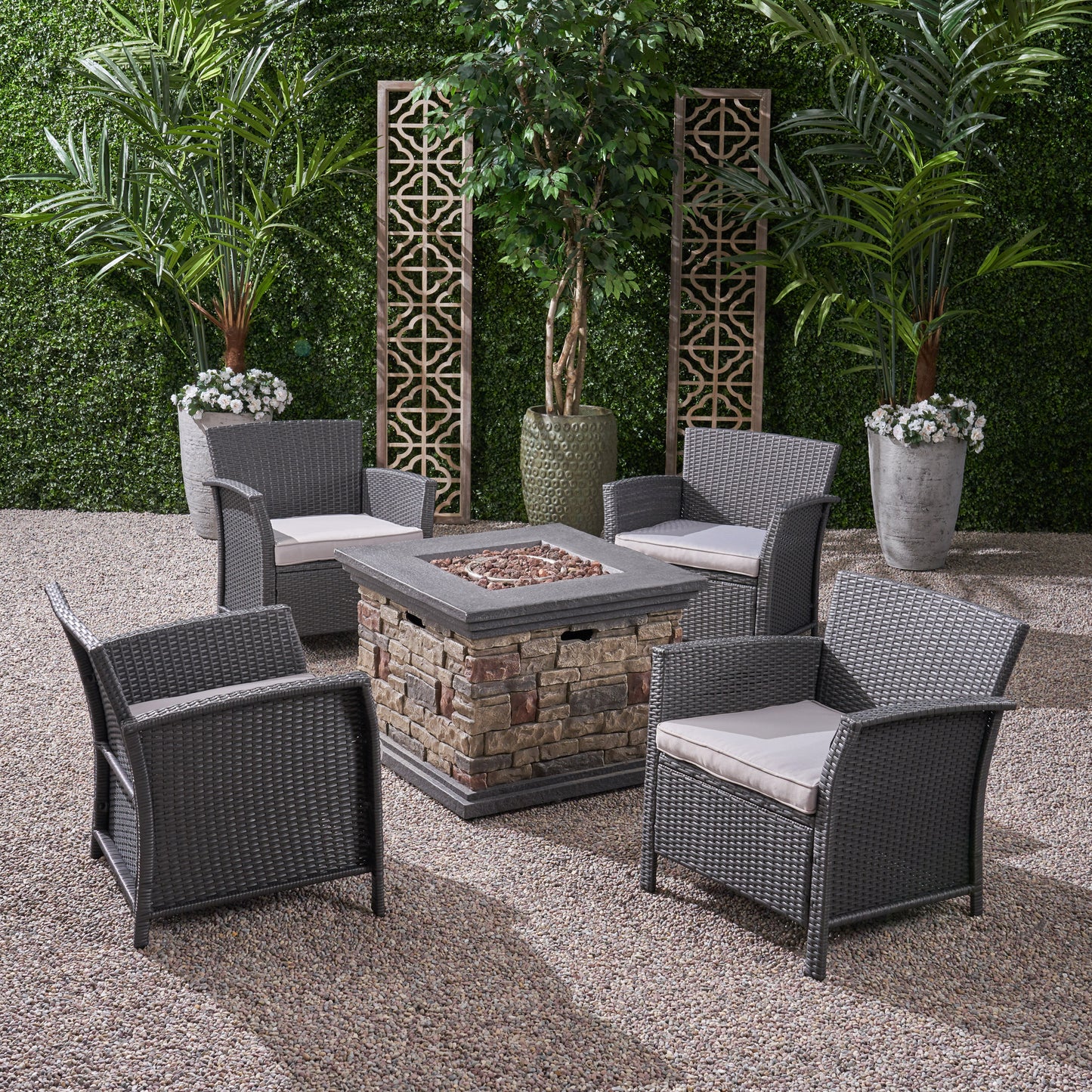 Laiah Outdoor 4 Piece Wicker Club Chair Chat Set with Fire Pit