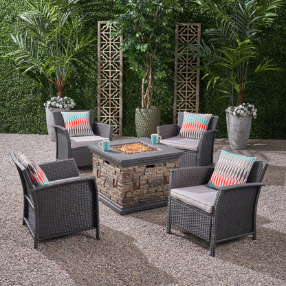 Laiah Outdoor 4 Piece Wicker Club Chair Chat Set with Fire Pit