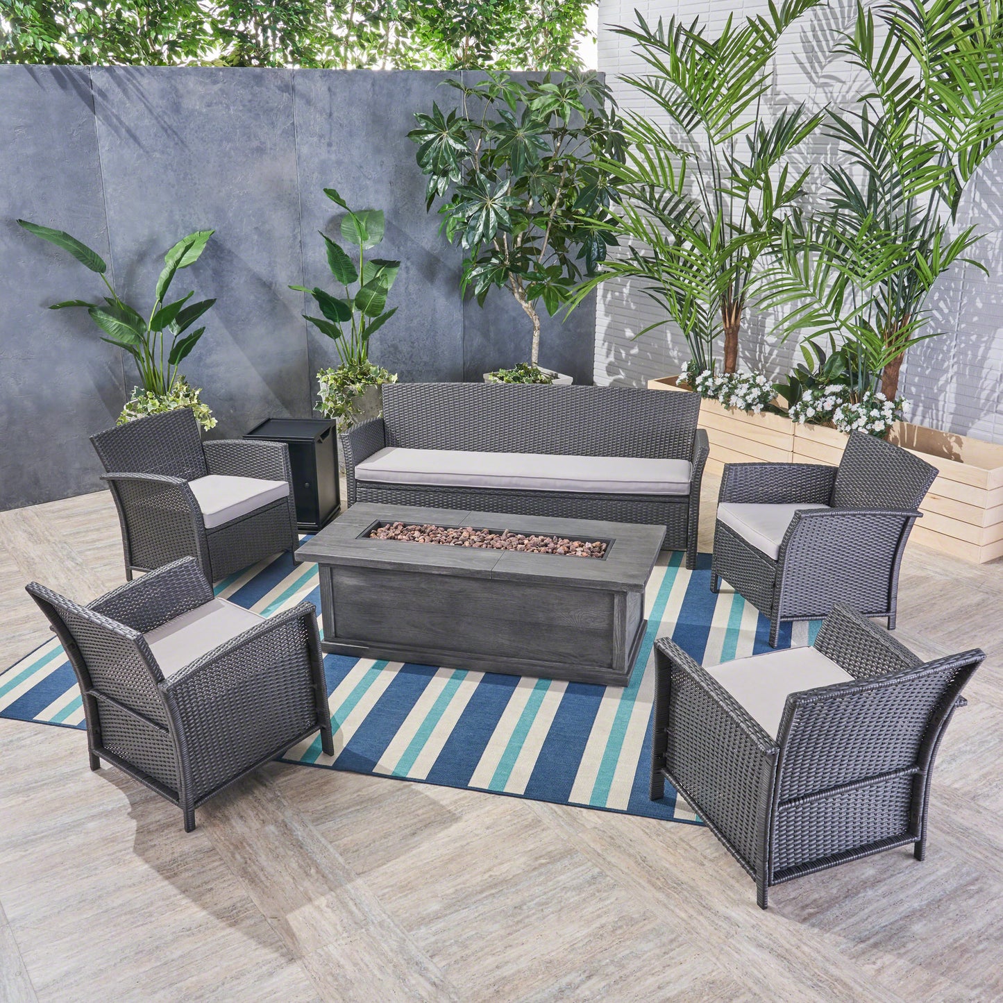 Laiah Outdoor 7 Seater Wicker Chat Set with Fire Pit